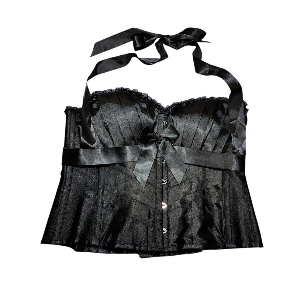 Corset Story Halter Corset Top UK 22 US 18 Black Boned Satin Goth Coquette Bow